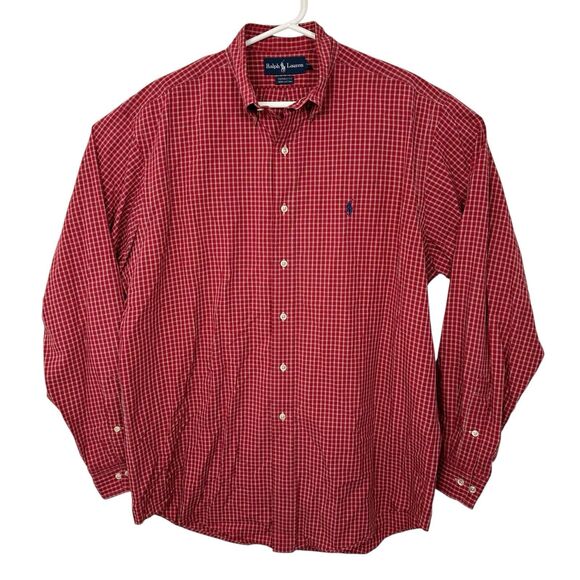 Polo Ralph Lauren Plaid Button Down Shirt Long Sleeve Mens Sz L 16 34/35 Red EUC - Picture 1 of 8